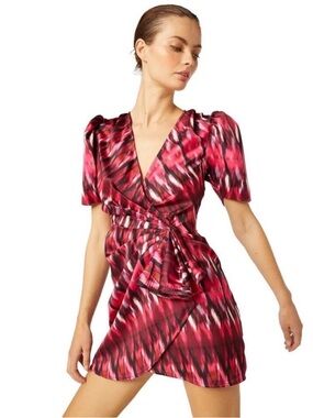 NWT Misa Amina Satin Magenta Print Puff Sleeve Mini Wrap Dress